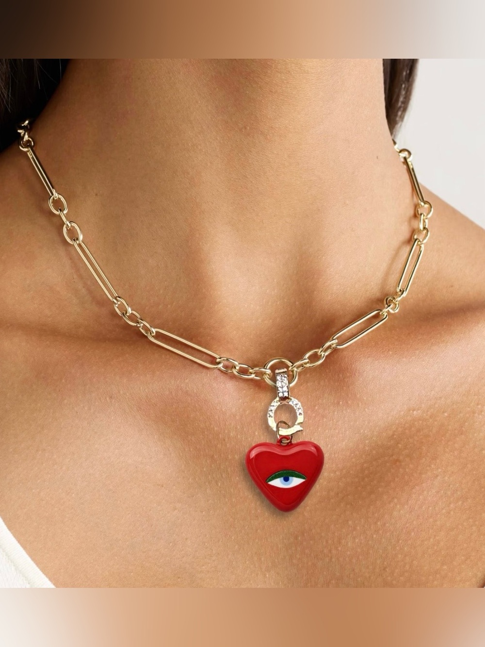 Gold Vintage Style Trombone Link Chain Necklace Red Enamel Heart Evil Eye Charm